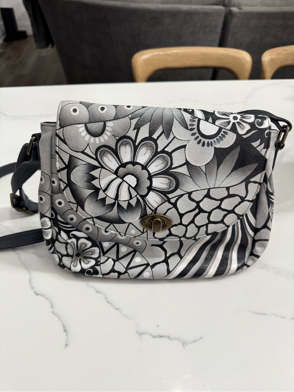 Anuschka Black & White Floral Crossbody Bag